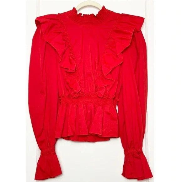 SEA NY Ruffled High Neck Puffed Long Sleeve Tied Open Back Cotton Peplum Top 8 - Picture 7 of 12